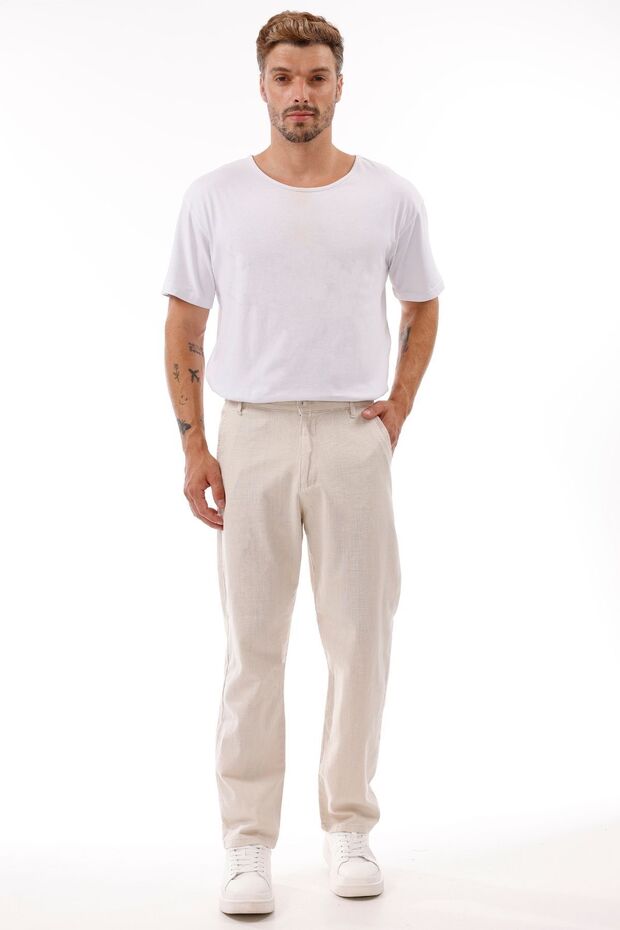 Men's Cream Linen Trousers – Breathable, Relaxed Fit Casual Wear -Wide Size Range-