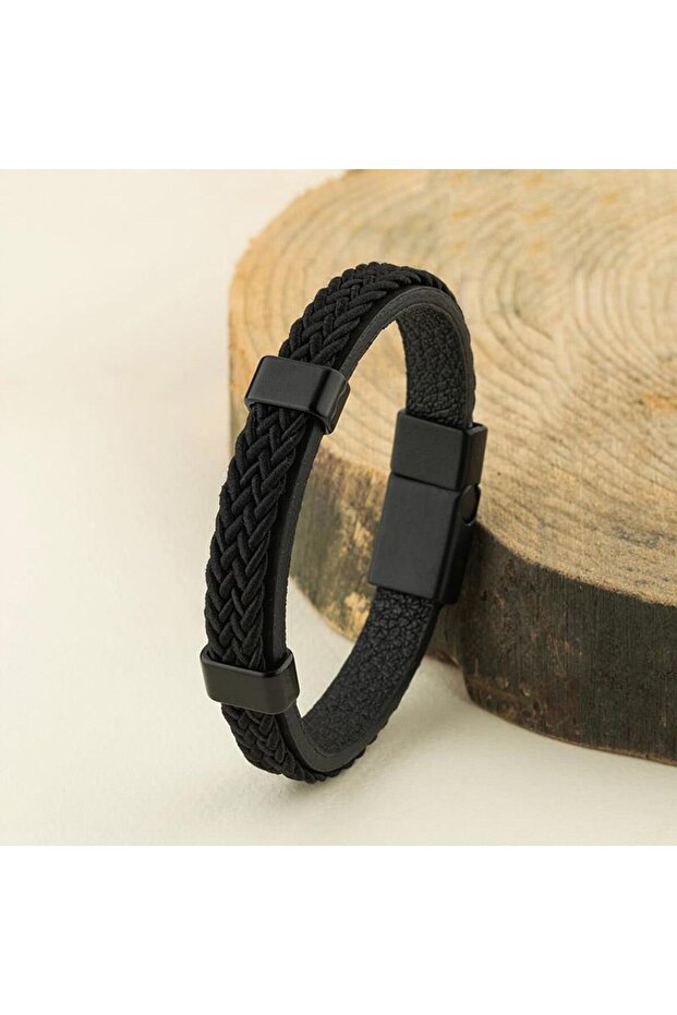 Knitted Model Leather Corded Men's Bracelet
