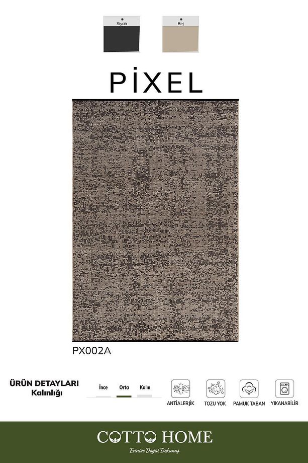 Pıxel PX002A Bej Halı Modern Şönil Yıkanabilir Pamuk Taban Salon Halısı Yatak Odası Mutfak Koridor - 1