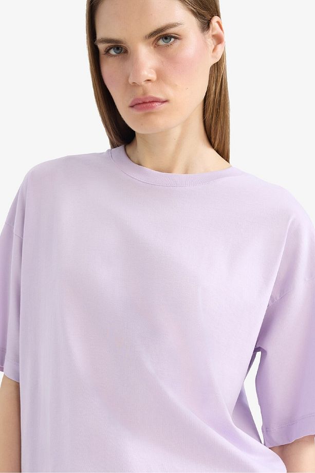 Oversize Geniş Kalıp Bisiklet Yaka Basic Düz Penye Kısa Kollu Tişört C0099AX25SP - 1
