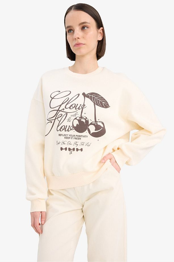 Coool Oversize Geniş Kalıp Bisiklet Yaka Baskılı Kalın Sweatshirt E7638AX25SP - 4