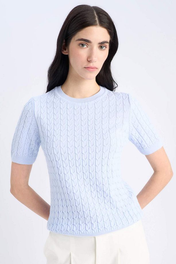 Regular Fit Bisiklet Yaka Basic Düz Triko Kısa Kollu Kazak D3306AX25SM - 1