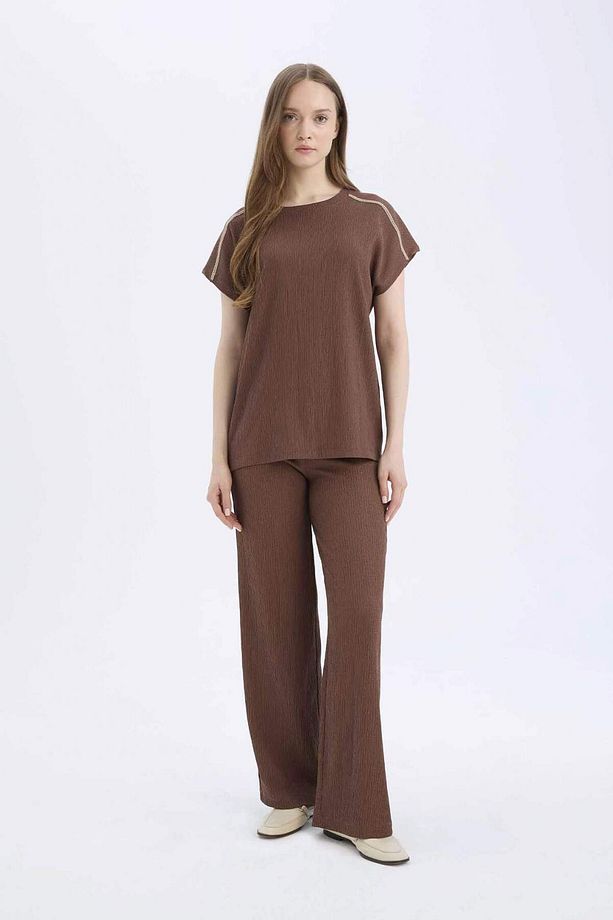 Regular Fit Bisiklet Yaka Bürümcük Kısa Kollu Tişört E1639AX25SP - 5