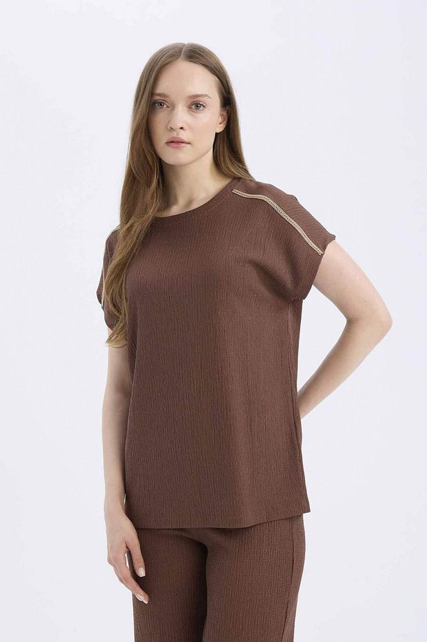 Regular Fit Bisiklet Yaka Bürümcük Kısa Kollu Tişört E1639AX25SP - 7