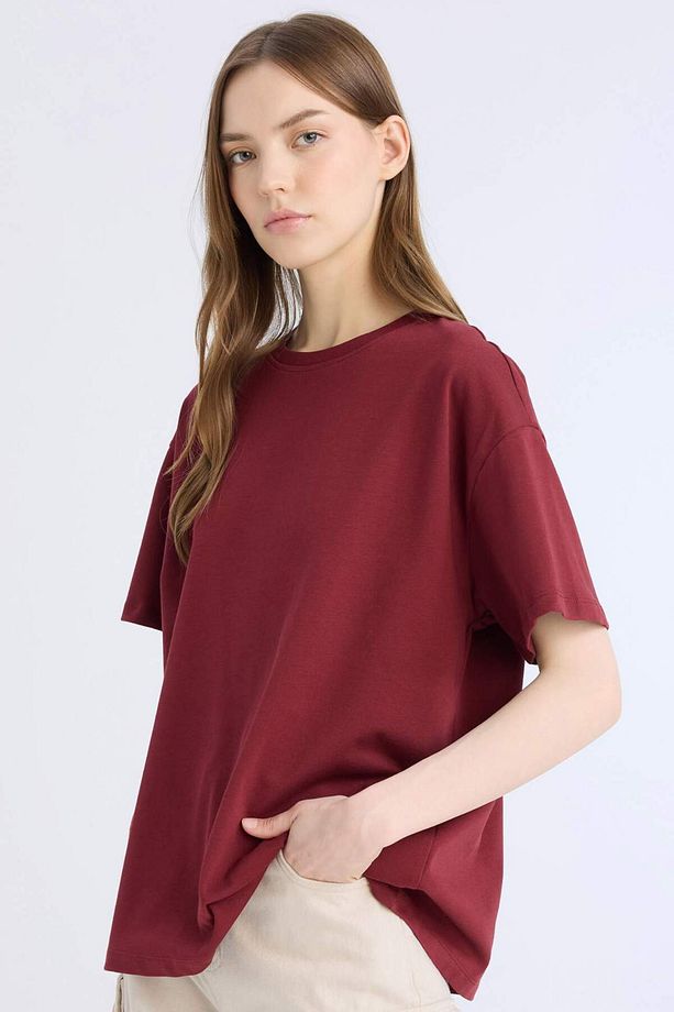 Oversize Geniş Kalıp Bisiklet Yaka Basic Düz Siyah Kısa Kollu Siyah Tişört E4935AX25SP - 1