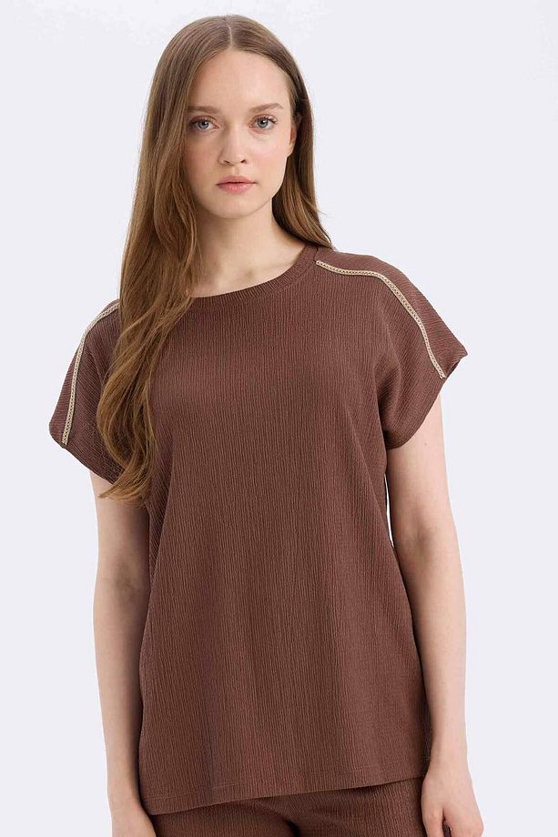 Regular Fit Bisiklet Yaka Bürümcük Kısa Kollu Tişört E1639AX25SP - 4