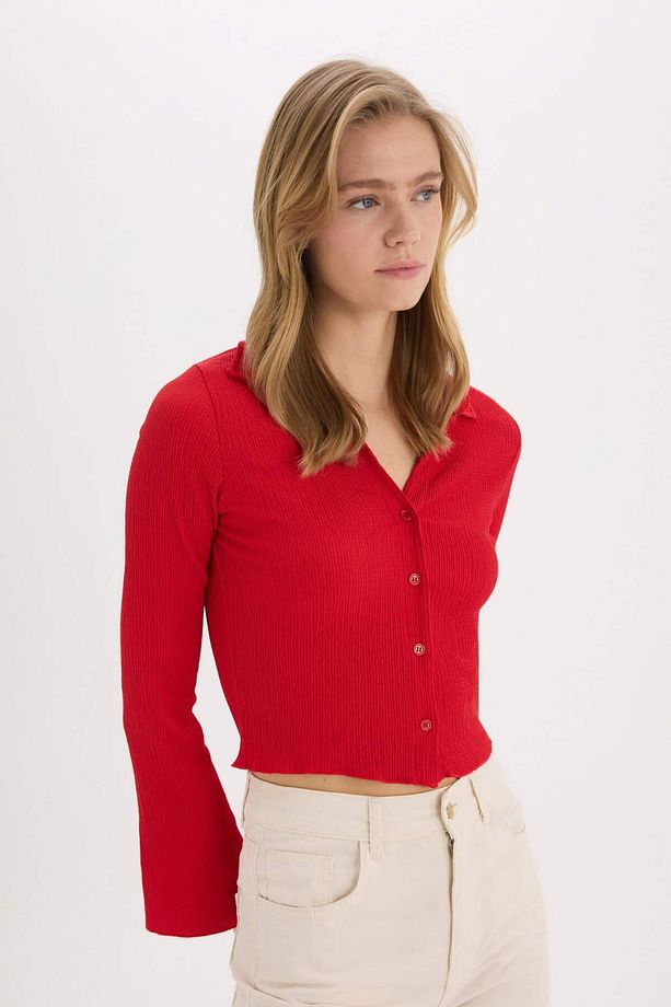 Coool Fitted Basic Düz Bürümcük Uzun Kollu Crop Gömlek A0012AX25SP - 4