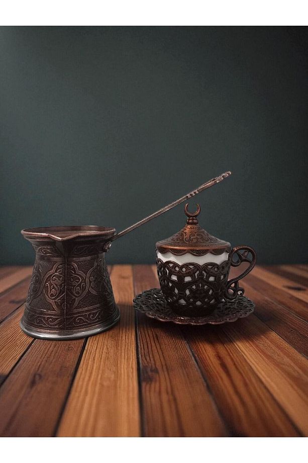 2 kişilik oymalı döküm cezve ve Yüksek kalite bakır işlemeli Türk kahve fincanı - 3
