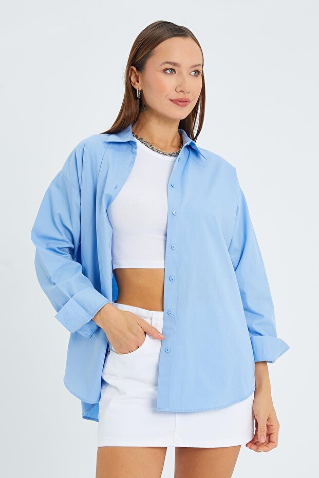 4618 Kadın Arkası Robalı Basic Gömlek Bebe Mavi - 3