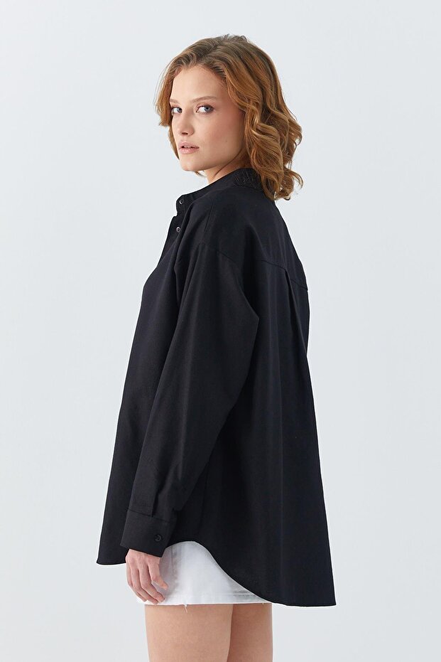 4621 Kadın Arkası Pileli Basic Gömlek Siyah - 5