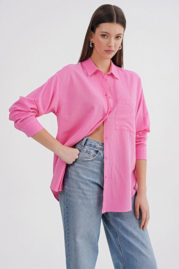 4670 Kadın Cepli Oversize Basic Keten Gömlek Pembe - 3