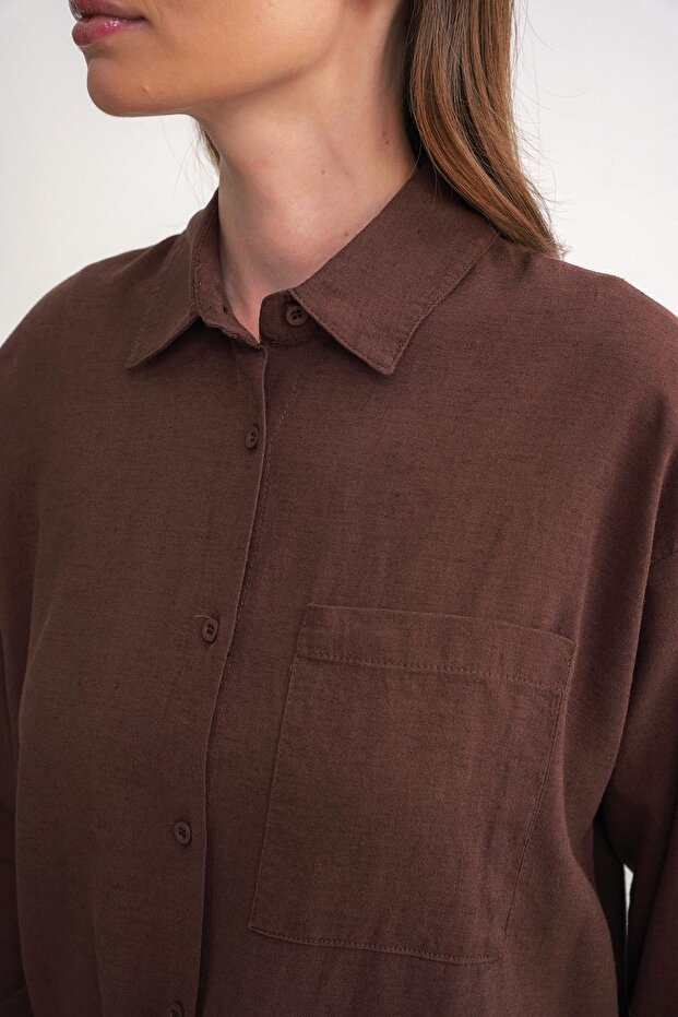 4670 Kadın Cepli Oversize Basic Keten Gömlek Kahve - 6
