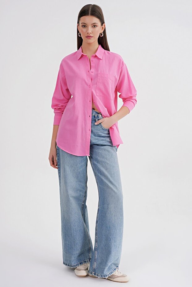 4670 Kadın Cepli Oversize Basic Keten Gömlek Pembe - 2