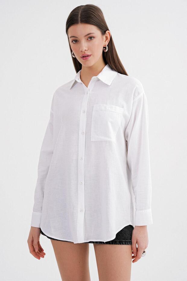 4670 Kadın Cepli Oversize Basic Keten Gömlek Beyaz - 5