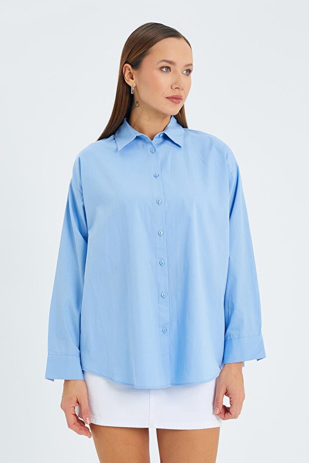 4618 Kadın Arkası Robalı Basic Gömlek Bebe Mavi - 1