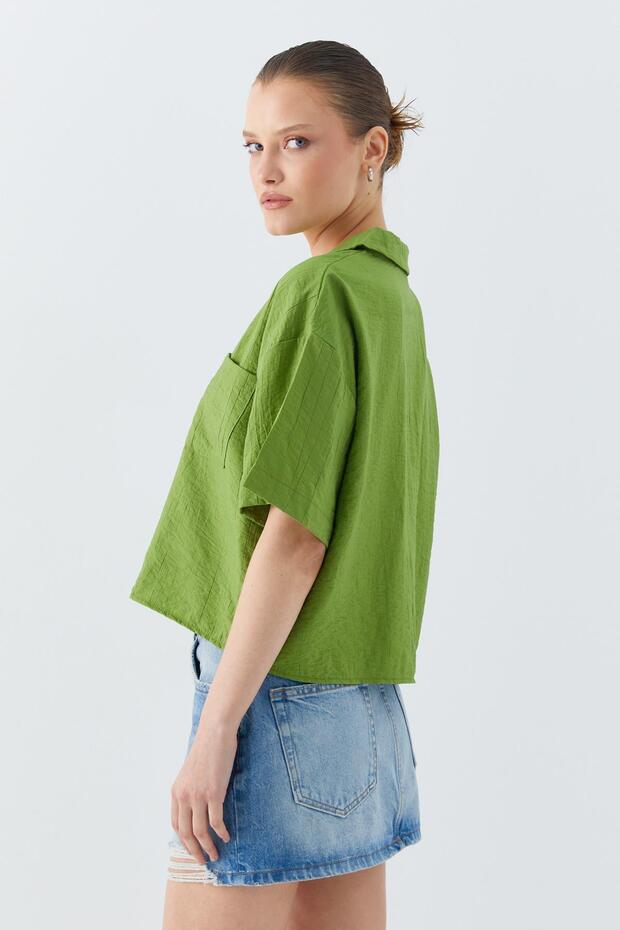 4556 Kadın Cepli Basic Crop Gömlek Olive - 5