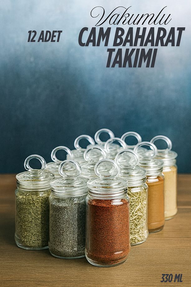 12 Adet Vakumlu Halka Kapak Cam Baharat Takımı (ETİKET HEDİYELİ) - 1