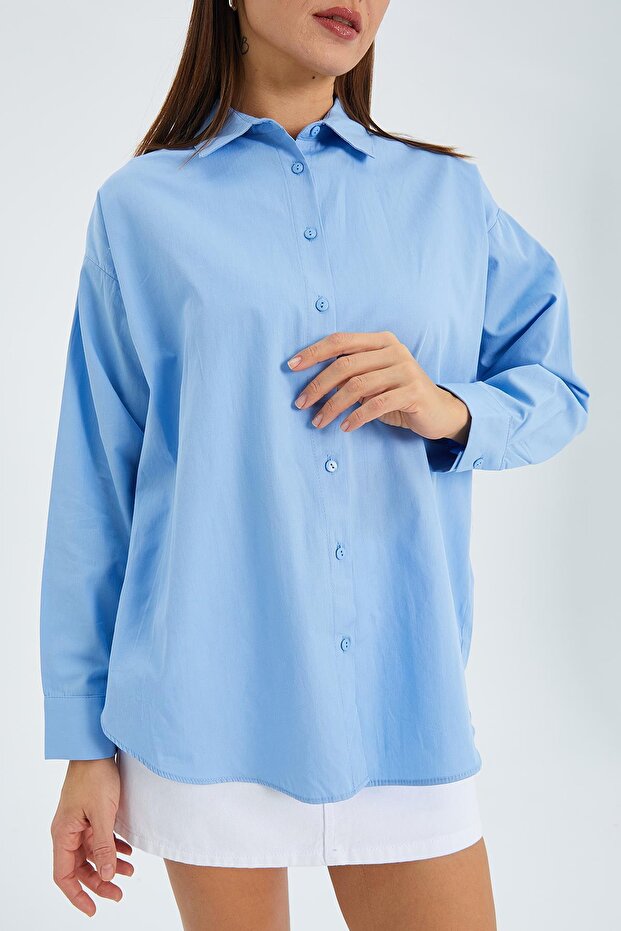 4618 Kadın Arkası Robalı Basic Gömlek Bebe Mavi - 4
