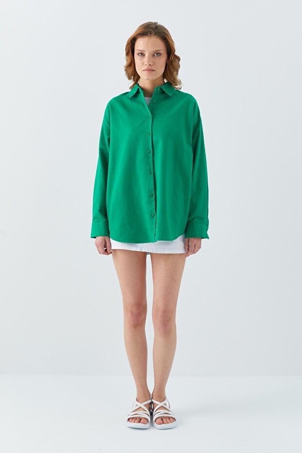 4621 Kadın Arkası Pileli Basic Gömlek Yeşil - 2