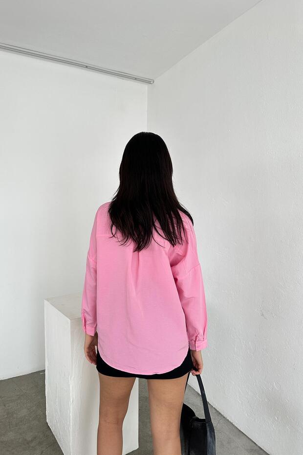 3864 Kadın Oversize Uzun Basic Gömlek Pembe - 6