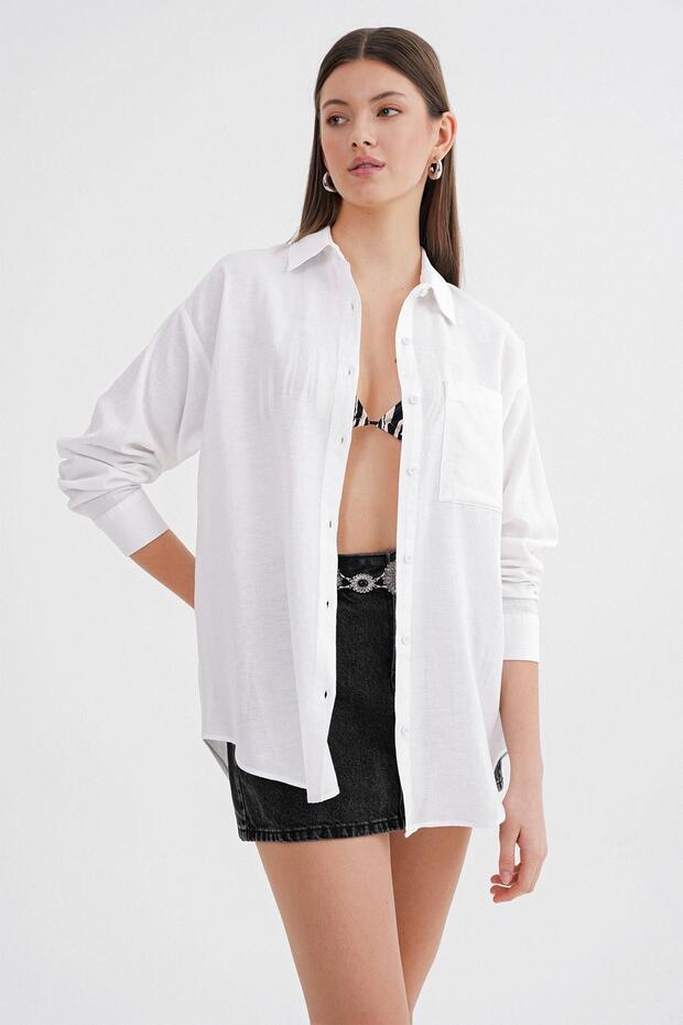 4670 Kadın Cepli Oversize Basic Keten Gömlek Beyaz - 4