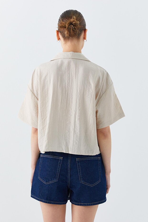 4556 Kadın Cepli Basic Crop Gömlek Taş - 6