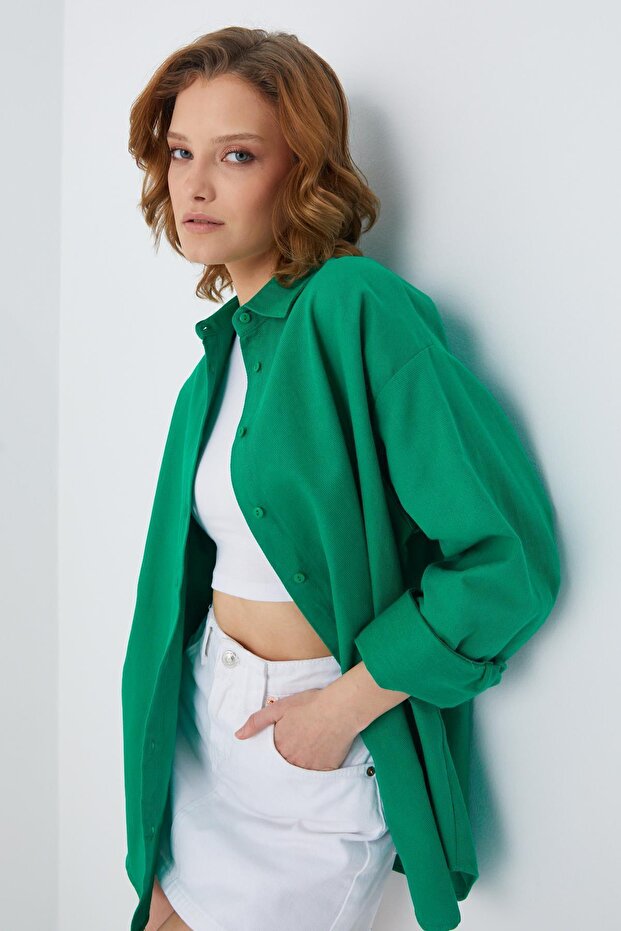 4621 Kadın Arkası Pileli Basic Gömlek Yeşil - 4