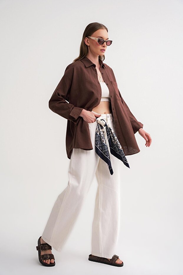 4670 Kadın Cepli Oversize Basic Keten Gömlek Kahve - 3