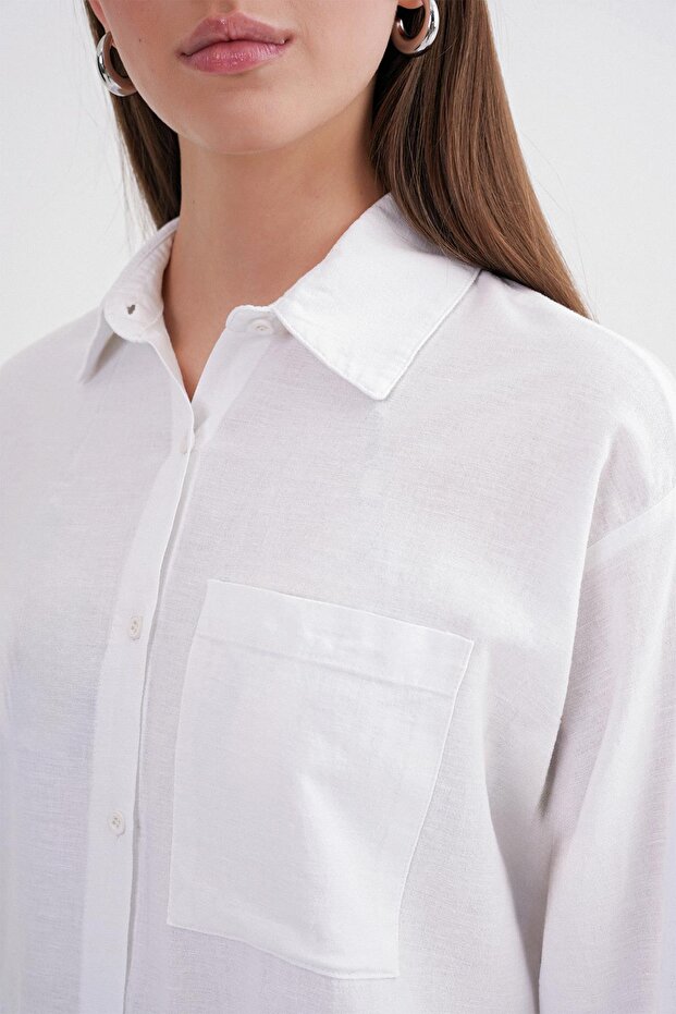 4670 Kadın Cepli Oversize Basic Keten Gömlek Beyaz - 6