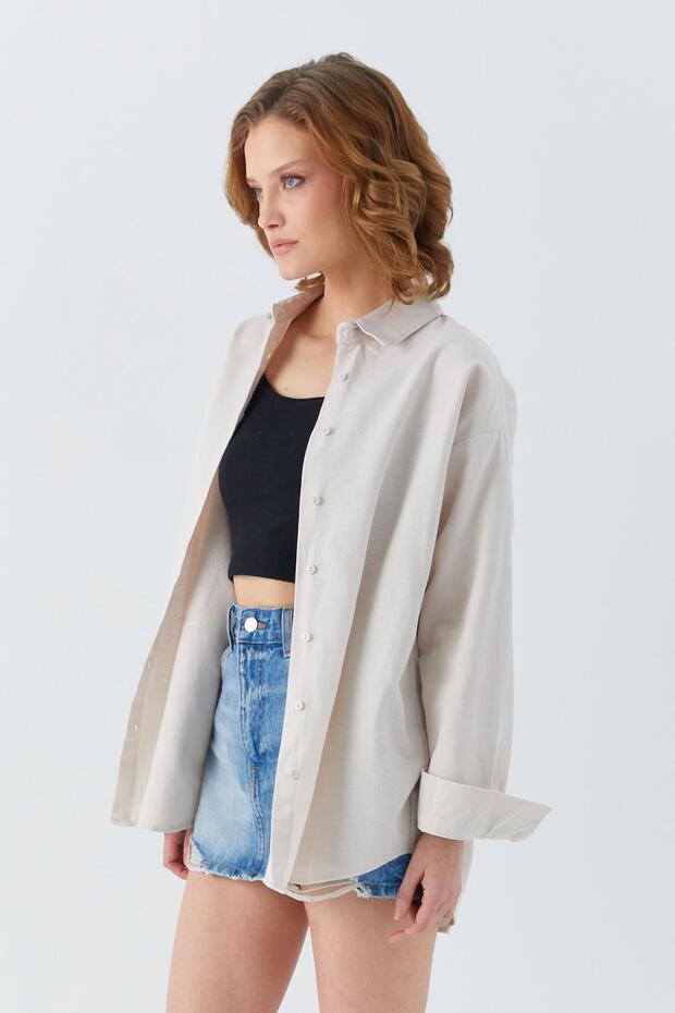 4621 Kadın Arkası Pileli Basic Gömlek Taş - 3