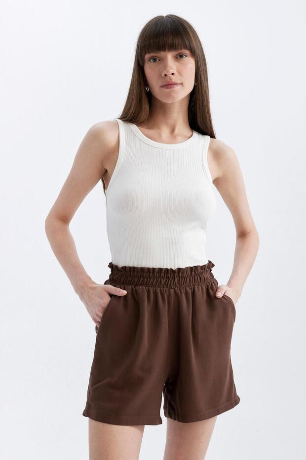 Relax Fit Paperbag Bel Geniş Paça Keten Karışımlı Şort D3944AX24SM - 2