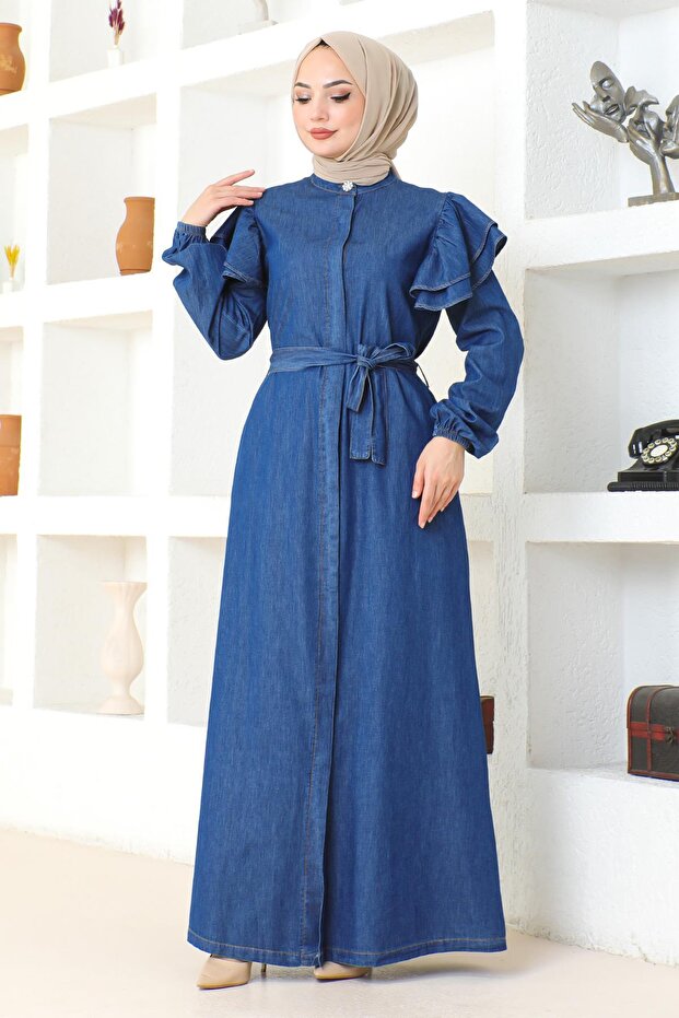 Ruffled Shoulder Buttoned Ferace Dark Blue 19204