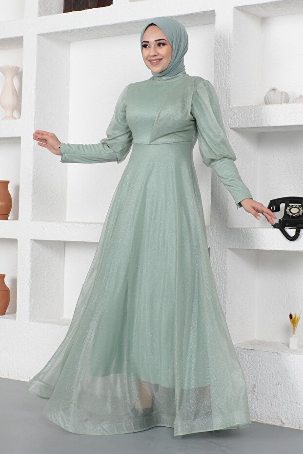 Silvery Evening Dress with Zipper Detail on Cuff Mint 12253
