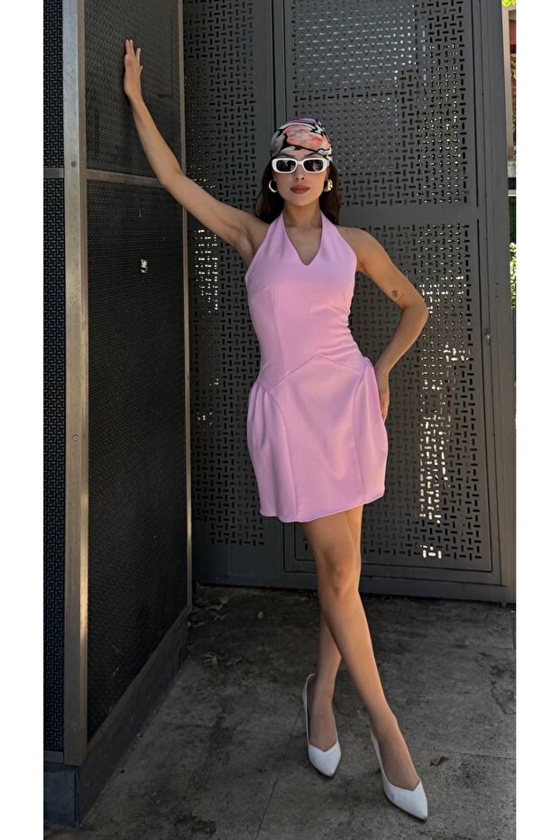 Mini Summer Dress with Back Cutout and Button Closure at Neckline