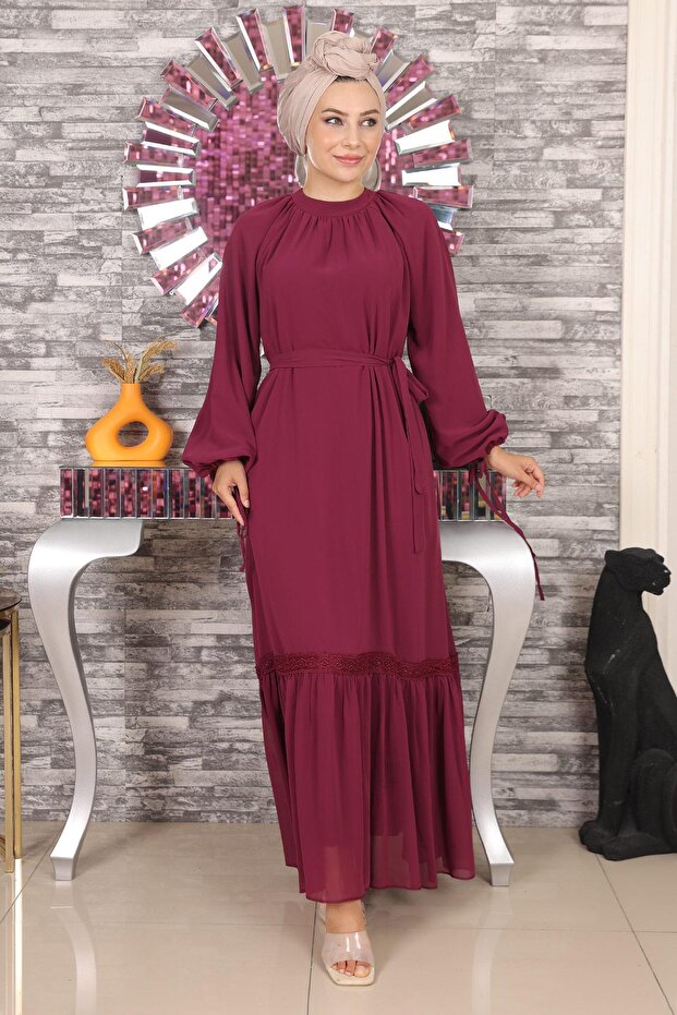 Lace Detailed Chiffon Evening Dress Plum 19143
