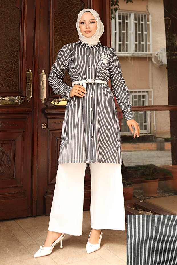 Striped Embroidery Detailed Suit Black 19261