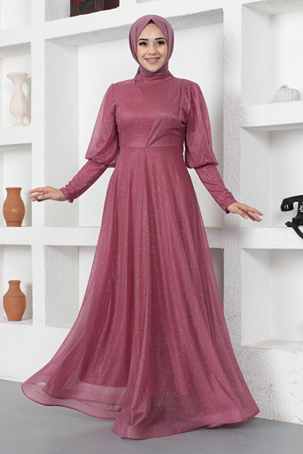 Silvery Evening Dress with Zipper Cuff Detail, Dusty Rose 12253
