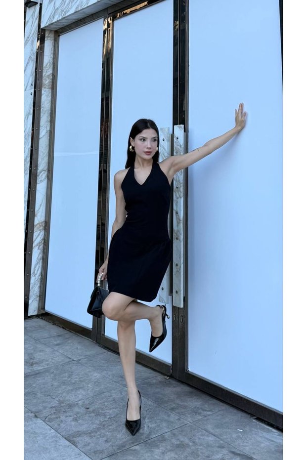 Mini Summer Dress with Back Cutout and Button Closure at Neckline