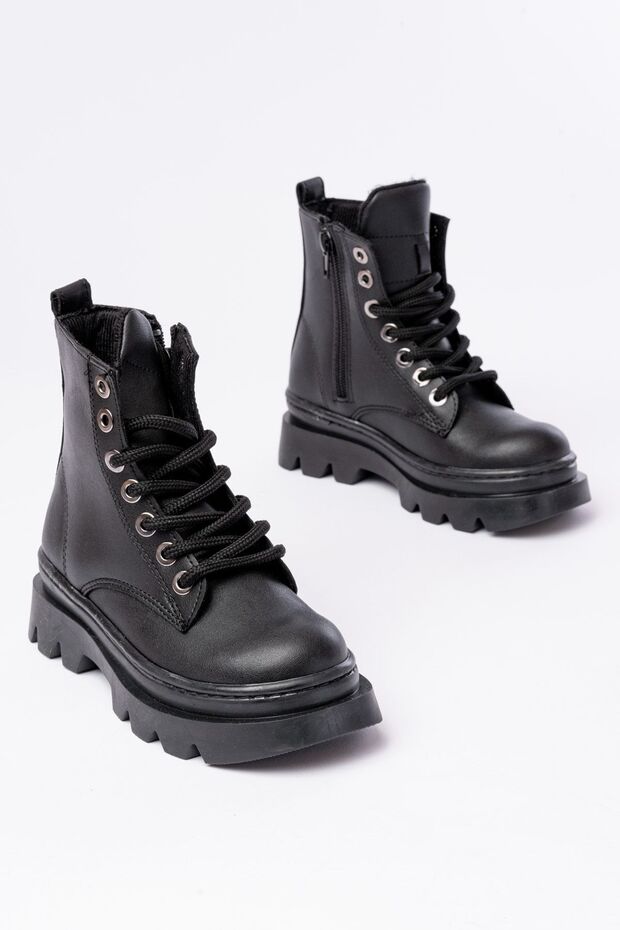 Children's Black Lace-Up Zippered Non-Slip Sole Boots