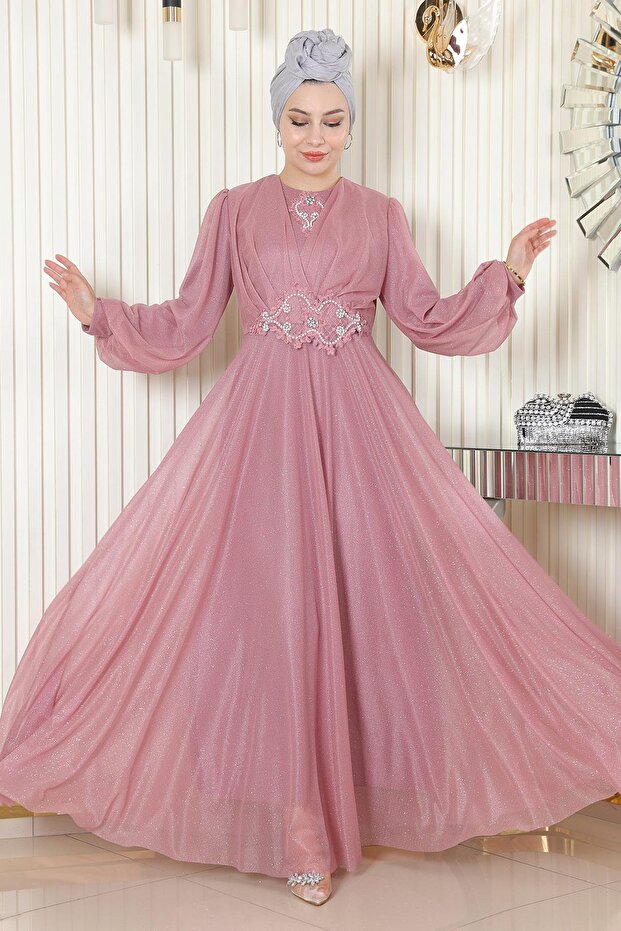 Pearl Detailed Draped Glittery Evening Dress Dusty Rose 19189