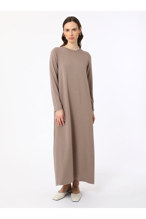 Viskon Kumaşlı Basic Elbise - Vizon - - 1