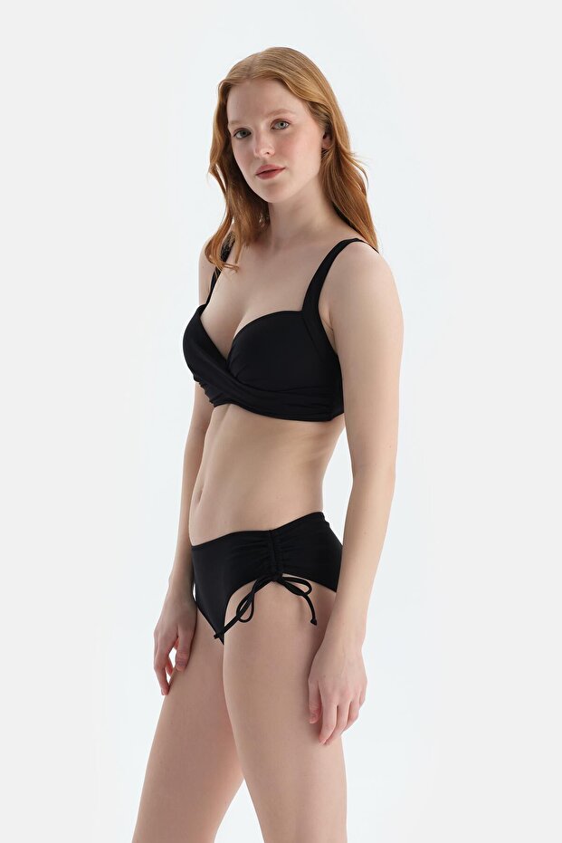 Black Side Gathered Bikini Bottom - 3