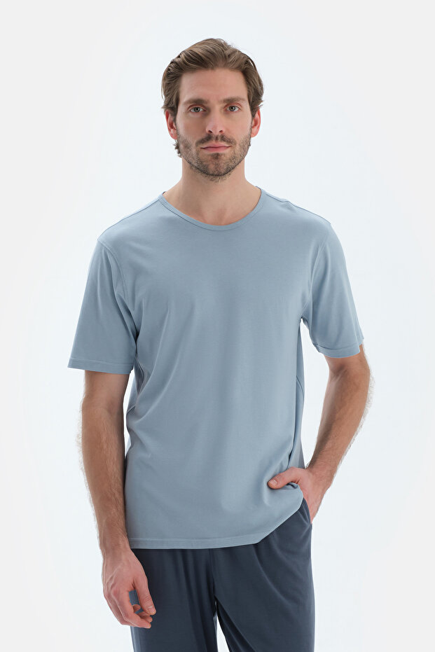 Mavi Kısa Kollu Bisiklet Yaka Basıc Tişört - 1