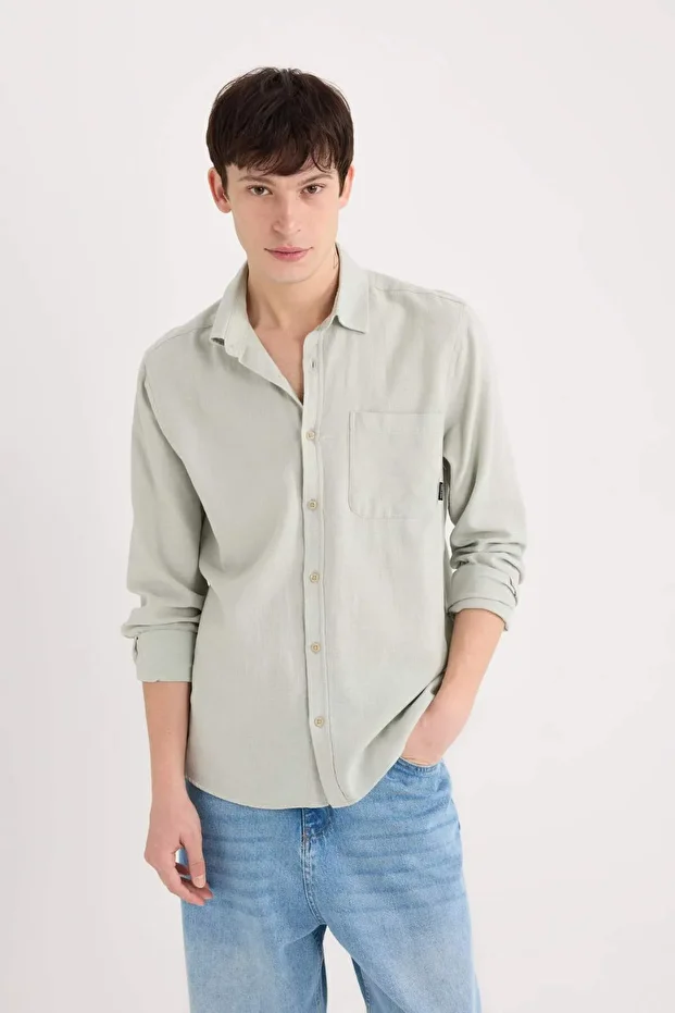 %100 Pamuk Regular Fit Basic Düz Uzun Kollu Gömlek D7079AX25SP - 1