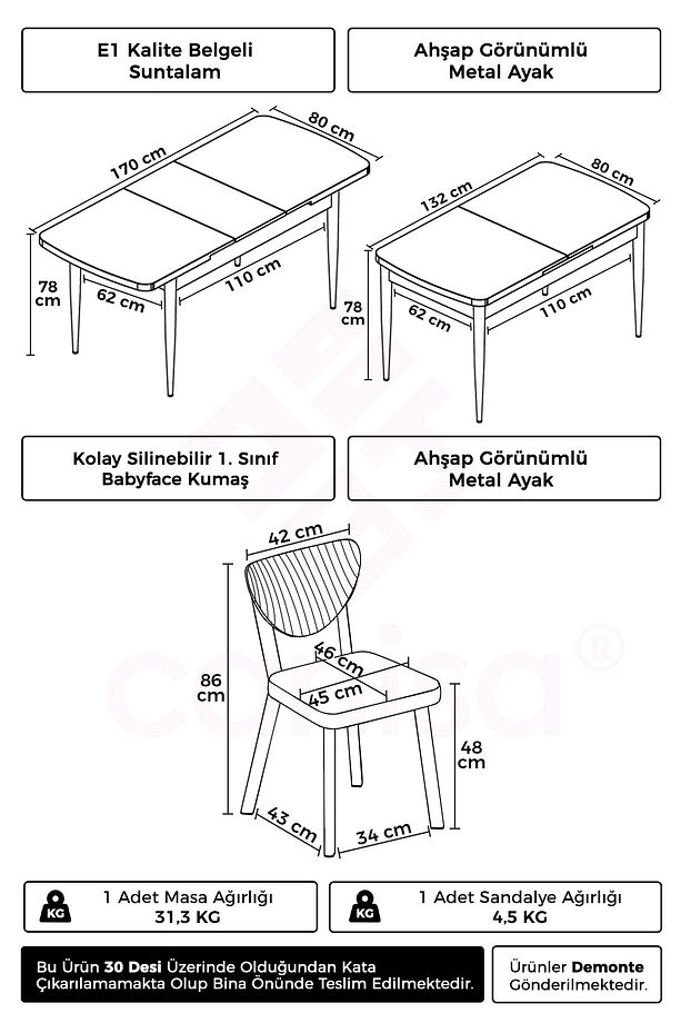 Exve Serisi 80x132 Açılabilir Barok Ahşap Desen Masa Takımı ve 4 Cappucino Sandalye - 5