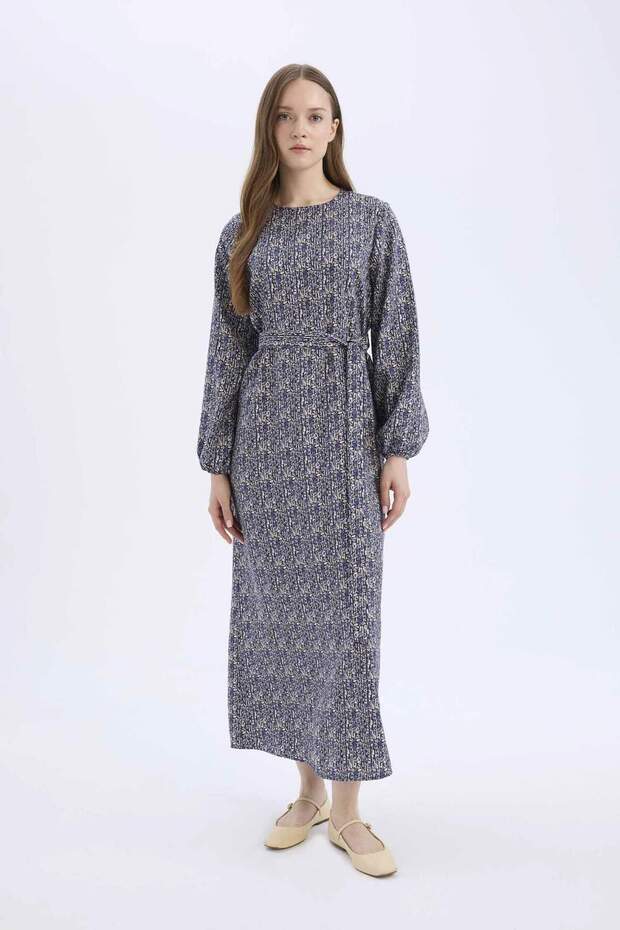Regular Fit Bisiklet Yaka Desenli Kuşaklı Uzun Kollu Maxi Elbise E5247AX25SP - 3