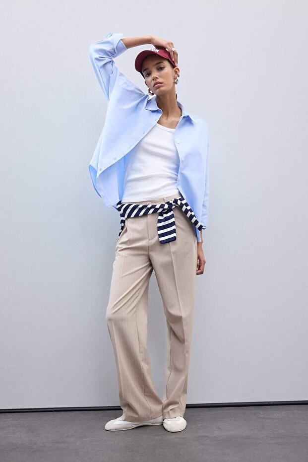 Oversize Geniş Kalıp Basic Düz Oxford Uzun Kollu Gömlek C4597AX25SP - 3