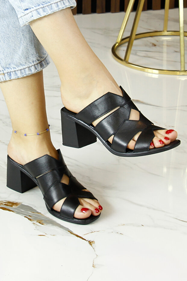 Bianca Black Genuine Leather Slippers
