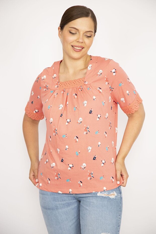 Women's Pomegranate Cotton Fabric Collar and Sleeve Lace Detailed Blouse 65n36544