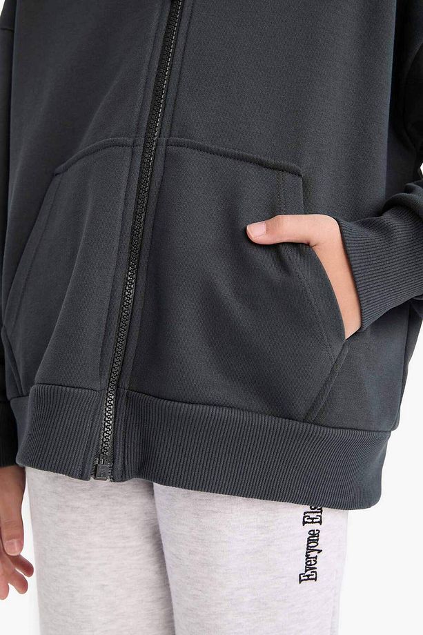 Kız Çocuk Kapüşonlu Basic Düz Cepli Fermuarlı Sweatshirt D9079A825SP - 5